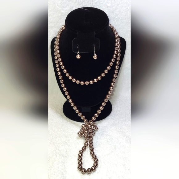 None Jewelry - Gunmetal Gray 5mm Beaded Continous Rope Necklace and Earrings Set